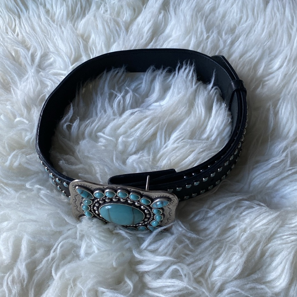 3D Leather Turquoise Studded Bejeweled Buckle Belt Small